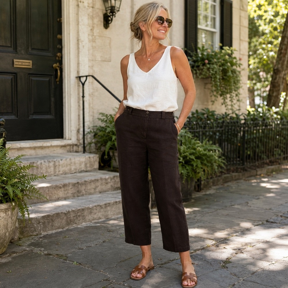 Talbots Petites Black 100% Linen Crop Pants Women's Size 12 Career Casual